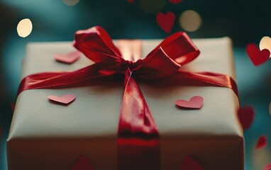 A beautiful and festive gift package with a vibrant red wrapping, a golden bow, and heart confetti.