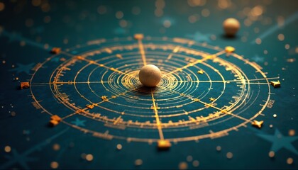 Wall Mural - astrology chart illustration shows planetary alignment on dark teal background. gold lines, symbols 