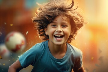 a young child running with joy and happiness after playing soccer, a lively and dynamic sport.