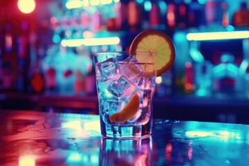 Wall Mural - A glass of ice water with a slice of orange in it sits on a bar counter. The atmosphere is lively and energetic, with neon lights illuminating the scene