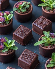 Sticker - handcrafted chocolate bonbons with intricate patterns and floral terrariums