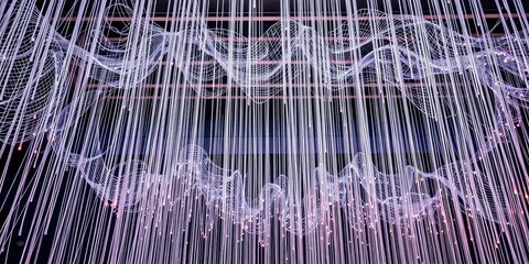 Dazzling array of fiber-optic cables suspended from a metallic framework, circuitry, radiant beams