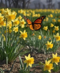 Wall Mural - daffodils in a field with a monarch butterfly perched on the top of a stem, green fields, butterfly 