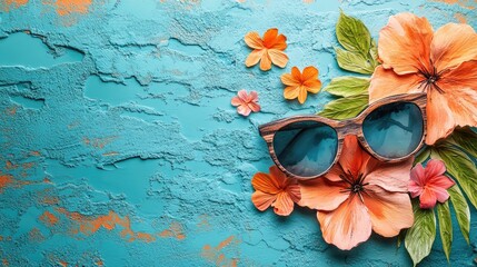 Wall Mural - Trendy Sunglasses with Tropical Flowers on Vibrant Turquoise Background