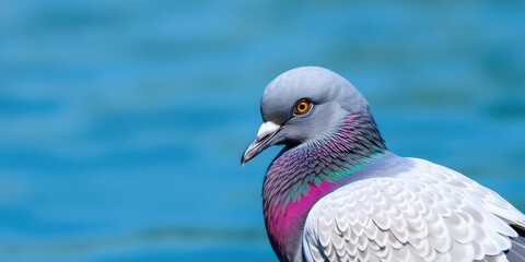 Closeup of a pigeon with vibrant blue water in the background, peaceful, blue, beauty