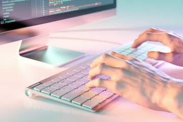 Hands typing code on a keyboard, showcasing software development and programming.
