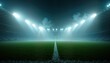 © Vadym - Empty stadium at night. Foggy background. Powerful stadium lights shine on green field. Goalposts visible in distance. Large open space. Epic sports scene. High-resolution image. Wide angle view. Pro