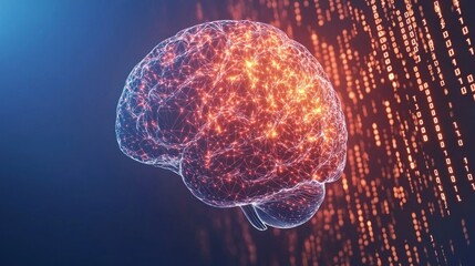Glowing brain, digital data, neural network, AI concept
