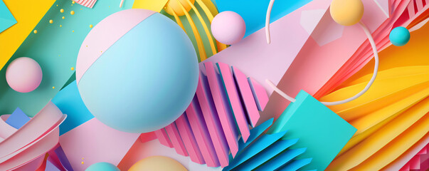 Fototapete - Vivid 3d render with colorful geometric shapes creating a dynamic, playful background