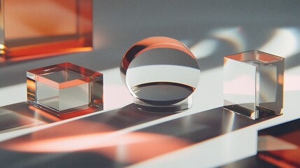 Glass cubes, sphere, sunlight, studio, product display