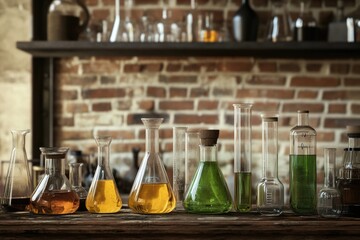 Wall Mural - Assorted glass laboratory beakers and flasks filled with colored liquids sit on a rustic wooden table against a brick wall background.