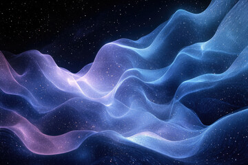 Fototapete - Abstract cosmic landscape with glowing, wavy lines and a starry night sky.
