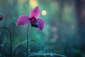 Poster - A single, dew-kissed orchid blossoms in a mystical, sunlit forest.