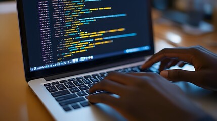 Hands coding on a laptop computer screen