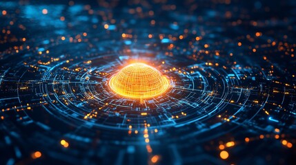 Global network connection, data flow visualization, digital sphere, futuristic technology, background bokeh, website header