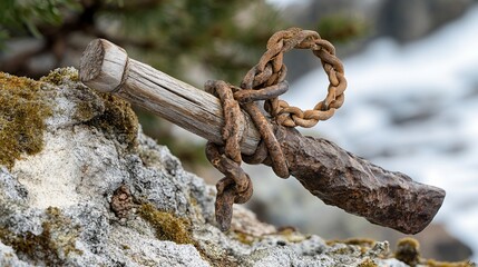 Rustic mountain climbing tool secured to rock, snowy background, historical artifact