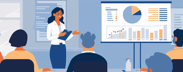 Aufkleber - Businesswoman presenting growth strategy with charts on a whiteboard at a corporate meeting