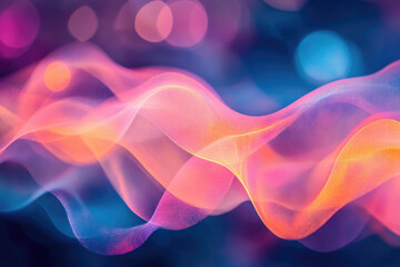 Poster - Abstract wave-like forms in vibrant pink, orange, and blue hues, blurred bokeh background.
