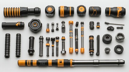 Wall Mural - Precision tools arranged on white background, studio shot, product photography, industrial parts