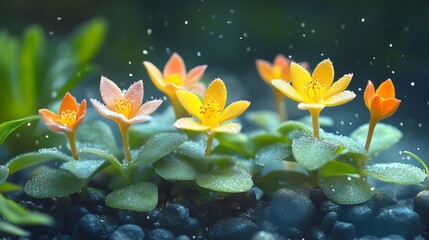 Aufkleber - Vibrant Blossoms in Morning Dew and Soft Light Creating a Magical Botanical Scene : Generative AI
