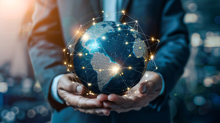 Poster - Businessman holding a glowing earth globe with network connection lines, symbolizing global business and technology
