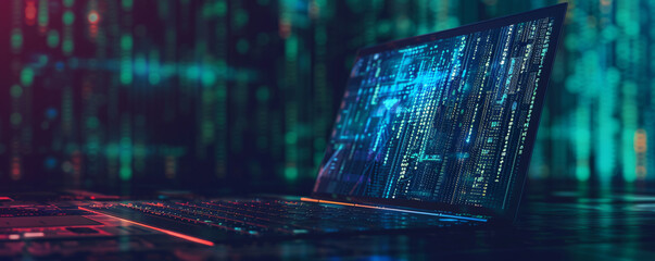 Aufkleber - Laptop computer is running code in the foreground while displaying a digital background