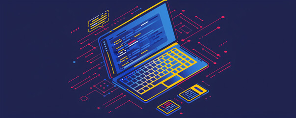 Aufkleber - Software development illustration with laptop showing programming code on screen