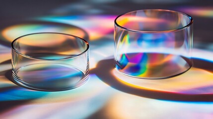Glass cylinders, iridescent light, studio, product display