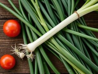 Wall Mural - Fresh spring onion stems arranged in a neat line on a rustic wooden background, garden, farm, cooking