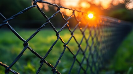 close-up of a chain link fence with the sun setting in the background. green grass and trees