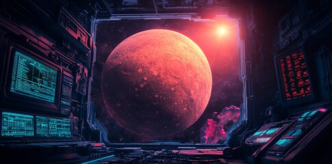 Wall Mural - futuristic software interface for space exploration that includes holographic overlays, orbit simula