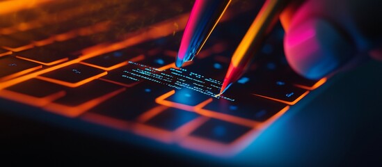 Neon-lit keyboard; fingers code; close-up; tech background