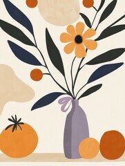 Wall Mural - Colorful floral arrangement in a vase with fruits on a light background during a sunny day