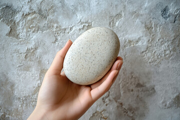 Poster - A hand gently cradles a smooth, light gray oval stone against a textured background.