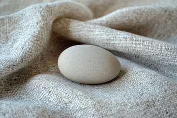 Poster - A single, light-grey egg rests gently on a softly folded linen cloth.