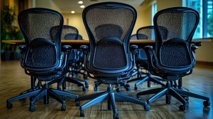 Wall Mural - Mesh chairs around table, blurred room