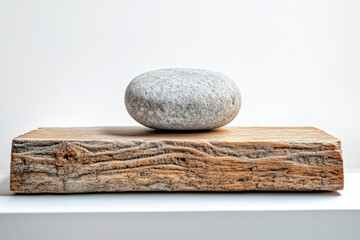 Poster - A smooth, grey stone rests atop a rustic, weathered wooden slab against a minimalist white background.