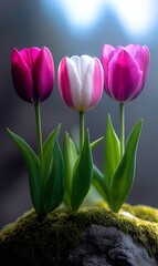 Poster - Close-Up of Three Tulips with Dewy Petals on Moss with Soft Background Blur : Generative AI