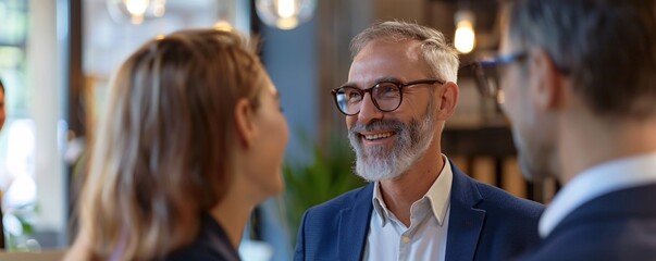Aufkleber - In an office meeting, a bearded and bespectacled senior manager is happily conversing with coworkers