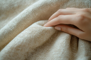 Fototapete - A hand gently caresses the soft, textured linen fabric, showcasing its natural beauty and delicate drape.