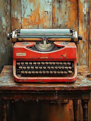 Rusty red vintage typewriter on old wooden table.