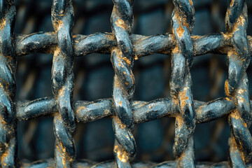 Poster - Close-up of a rustic, dark metal grid with a textured surface showing signs of age and wear.