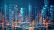 © Abel - Futuristic city skyline, digital network, glowing lines, data flow, smart city concept, technology illustration