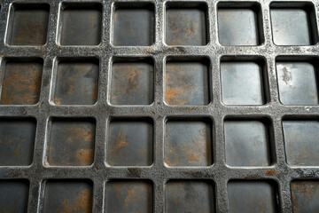 Poster - A rusty metal grid with square compartments, showing signs of wear and age.