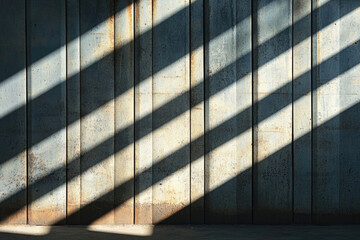 Poster - Diagonal shadows cast by sunlight on a weathered, corrugated metal wall.