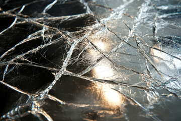 Fototapete - Cracked silver foil surface reflecting light, creating a textured, abstract pattern.