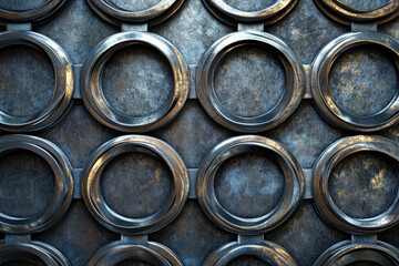Aufkleber - A metallic grid of circular elements with a textured, aged appearance.