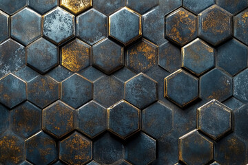 Aufkleber - A textured background of dark and gold hexagonal tiles, creating a metallic honeycomb pattern.