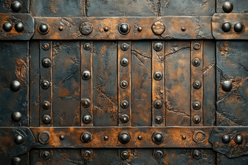 Poster - Rustic, aged metal surface with rivets and straps, exhibiting a weathered texture.