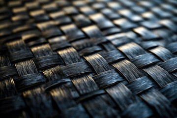 Poster - Close-up of a dark, interwoven textile with a complex, textured weave pattern.